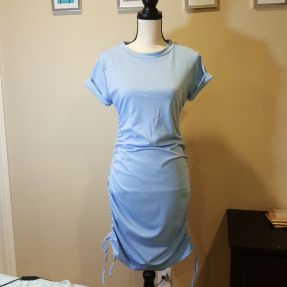 Blue Drawstring Ruched Short Sleeve Dress New - Picture 2 of 7